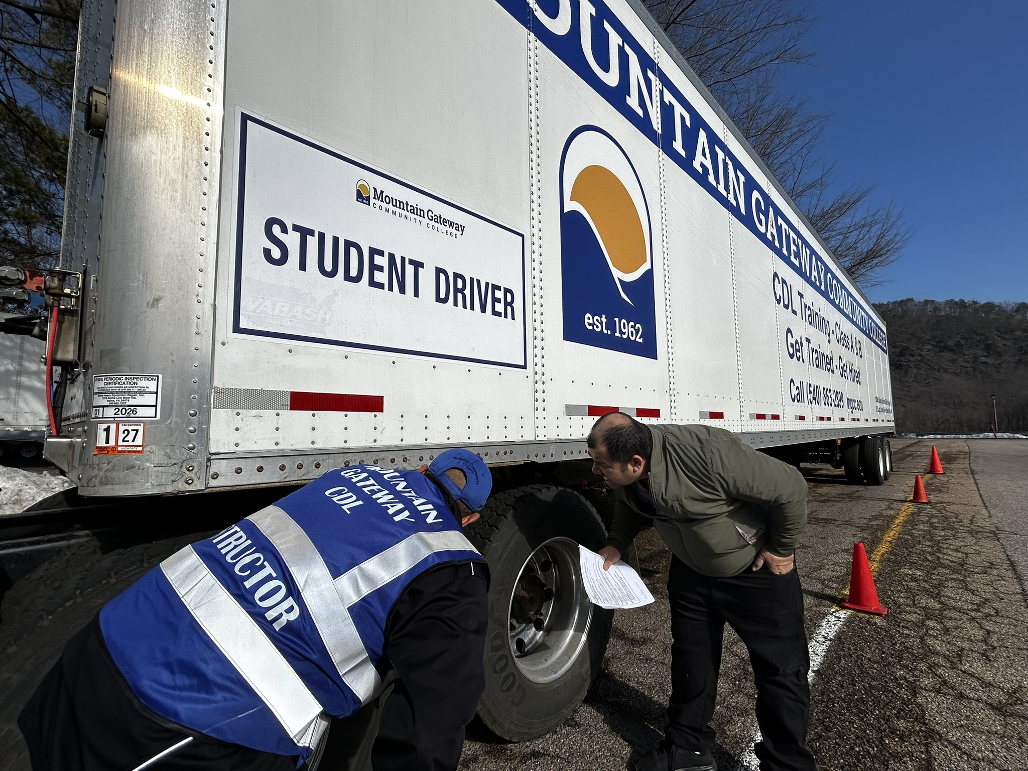 A Mountain Gateway CDL instructor works with a Virginia Western CC student on the practice range at the Clifton Forge campus.